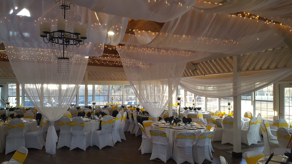 Event facility decorated for a wedding reception 