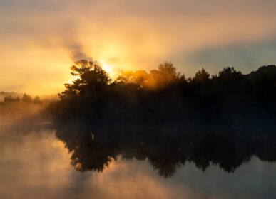 Sun rising over trees with the reflection in a body of water