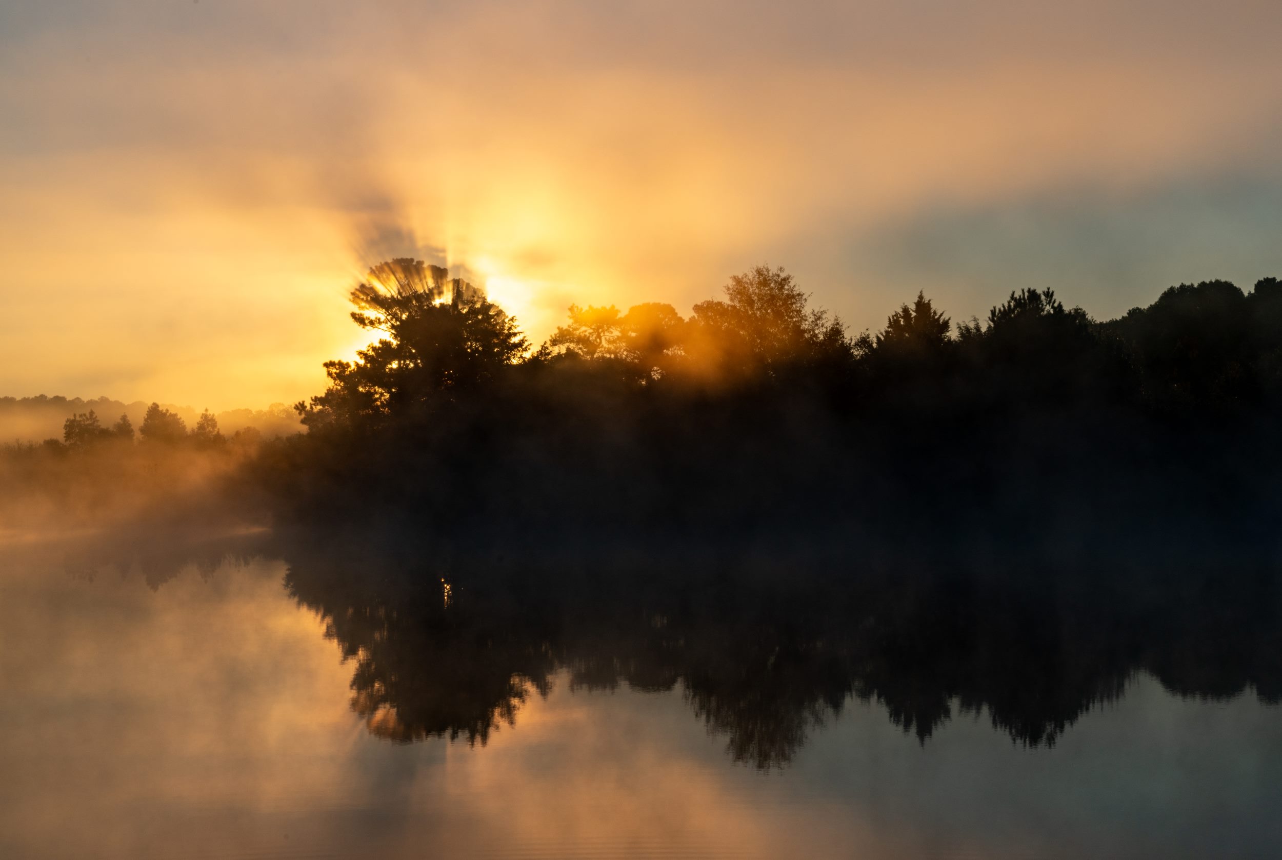 Sun rising over trees with the reflection in a body of water