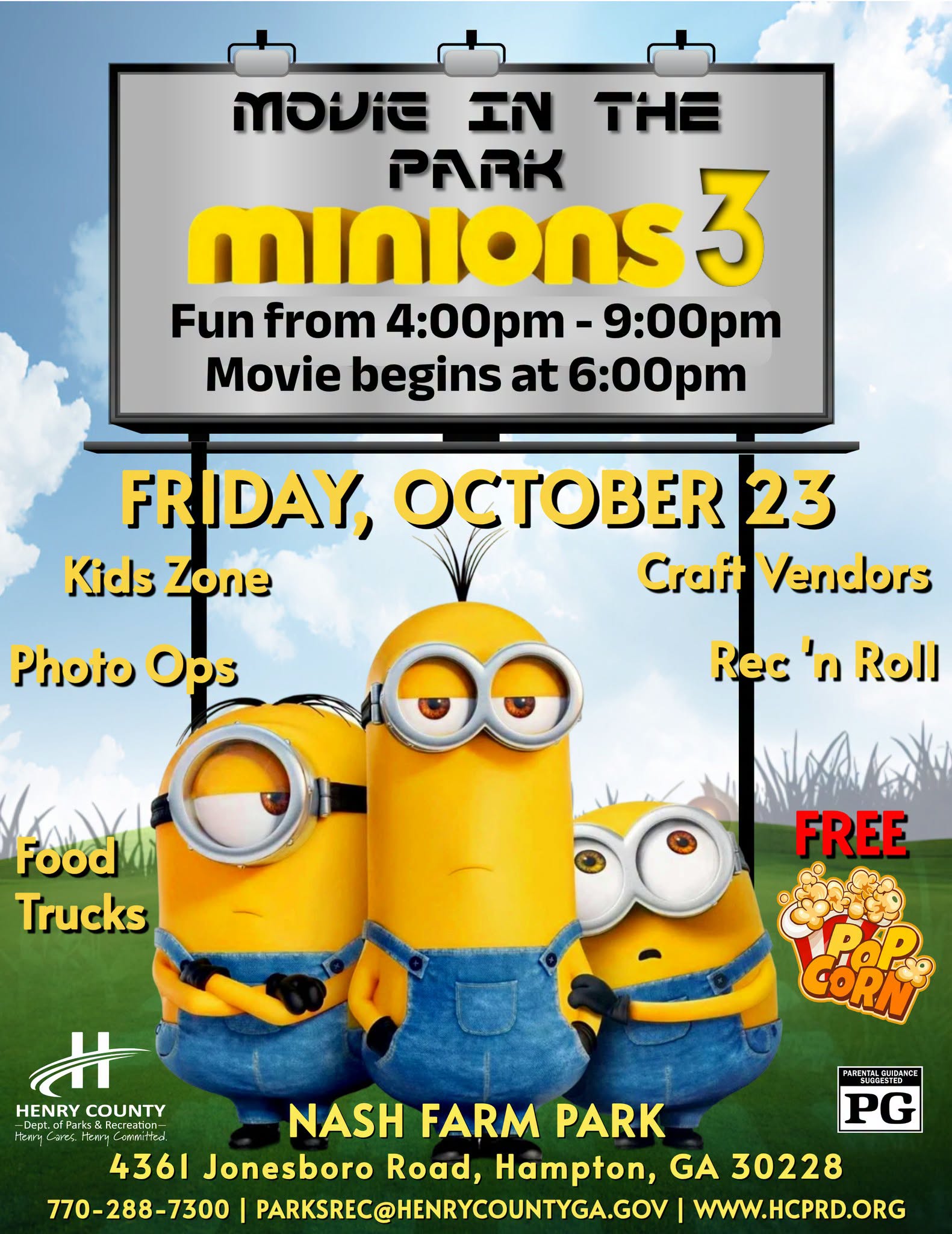 flyer advertising the minions 3 movie showing at nash farm park