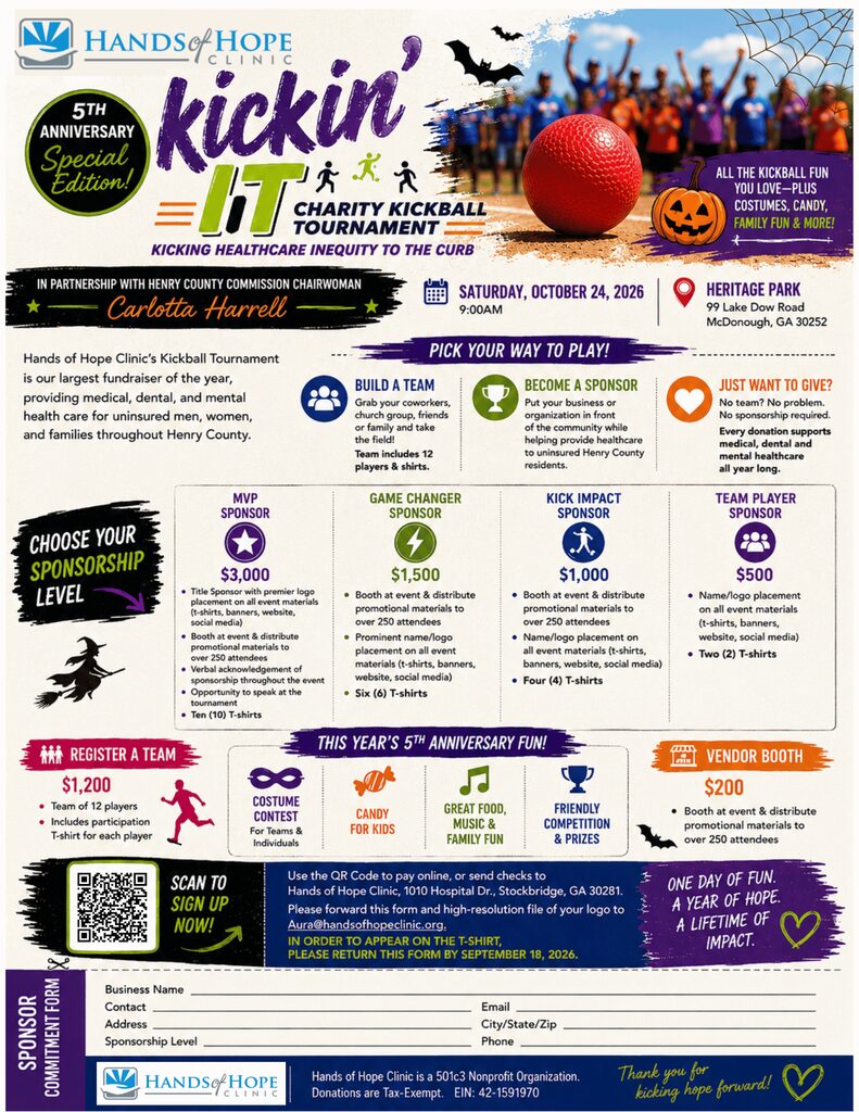 5th Annual Charity Kickball Tournament flyer for hands of hope clinic